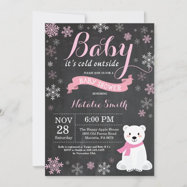 Invitation Bébé son baby shower froid de fille d'ours blanc (Devant)