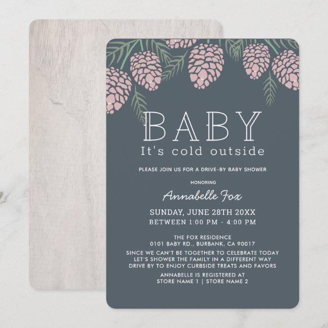 Invitation Bébé son cône de pin froid marine Baby shower Driv (Devant / Derrière)