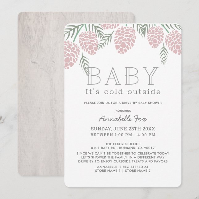 Invitation Bébé son cône rose froid Baby shower Drive-by (Devant / Derrière)
