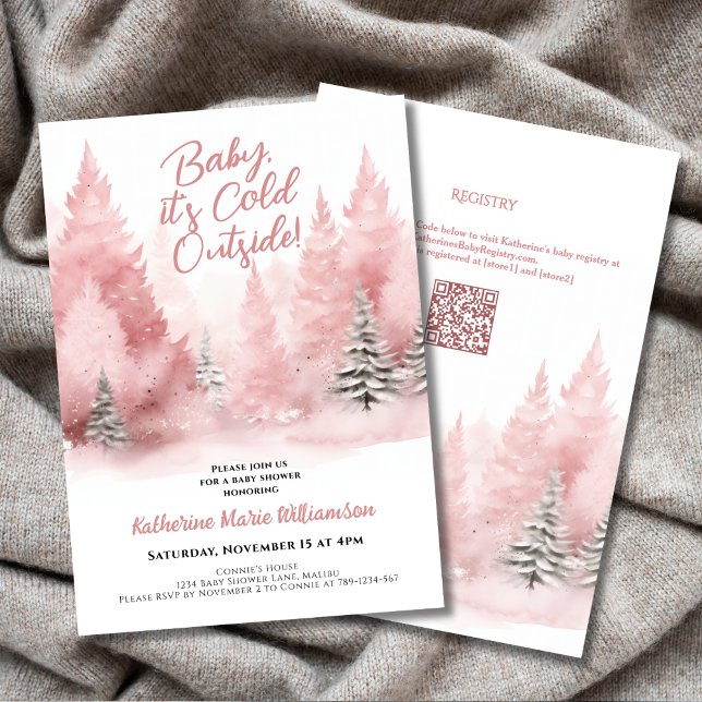 Invitation Bébé son froid à l'extérieur Baby shower rose hive (Baby Its Cold Outside Pink Winter Forest Baby Shower Invitation with QR Code.)