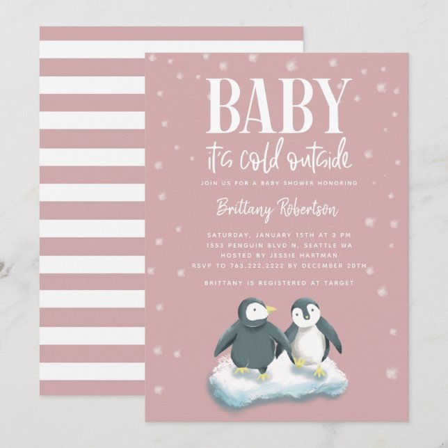 Invitation Bébé son froid dehors Baby shower de pingouins ros (Devant / Derrière)