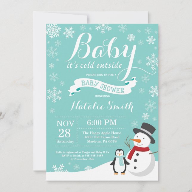Invitation Bébé son froid dehors Baby shower d'hiver Aqua (Devant)