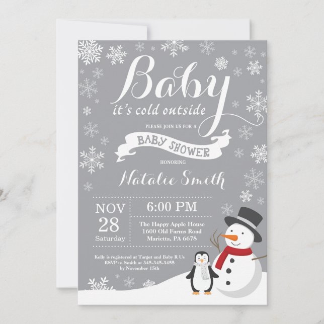 Invitation Bébé son froid dehors Baby shower d'hiver gris (Devant)