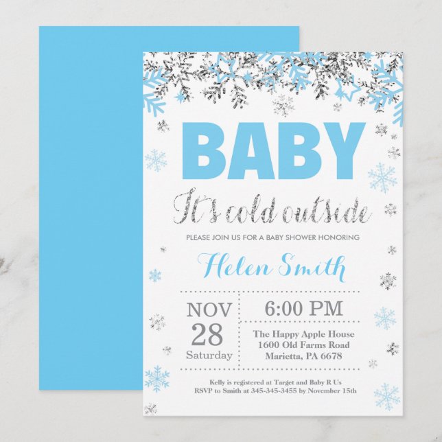 Invitation Bébé son froid dehors Blue Silver Boy Baby shower (Devant / Derrière)