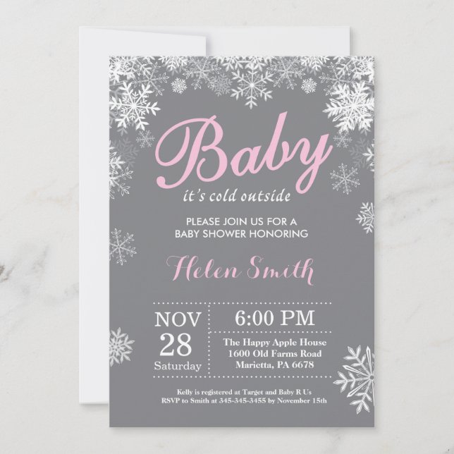 Invitation Bébé son froid dehors Hiver Baby shower fille rose (Devant)