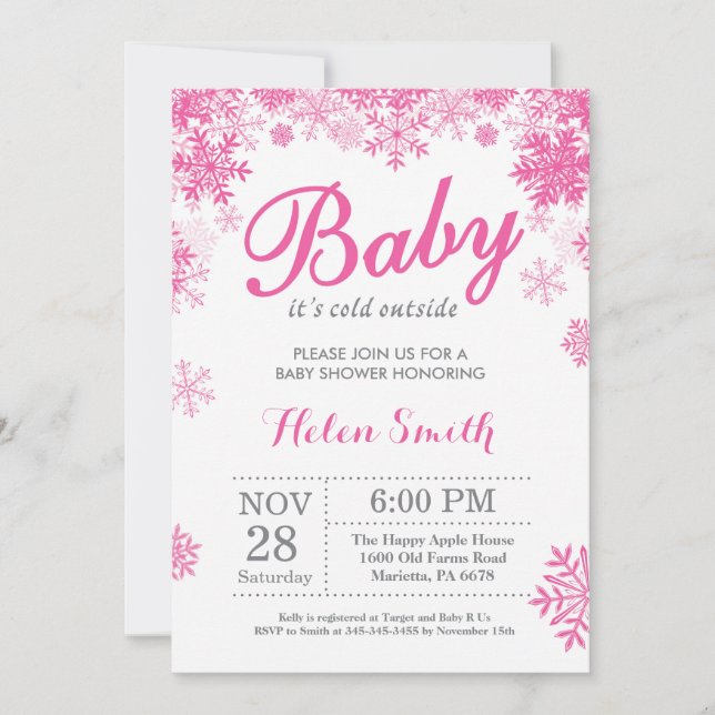 Invitation Bébé son froid dehors Hiver Baby shower fille rose (Devant)