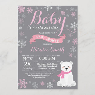 Invitation Bébé son froid dehors hiver fille Baby shower rose