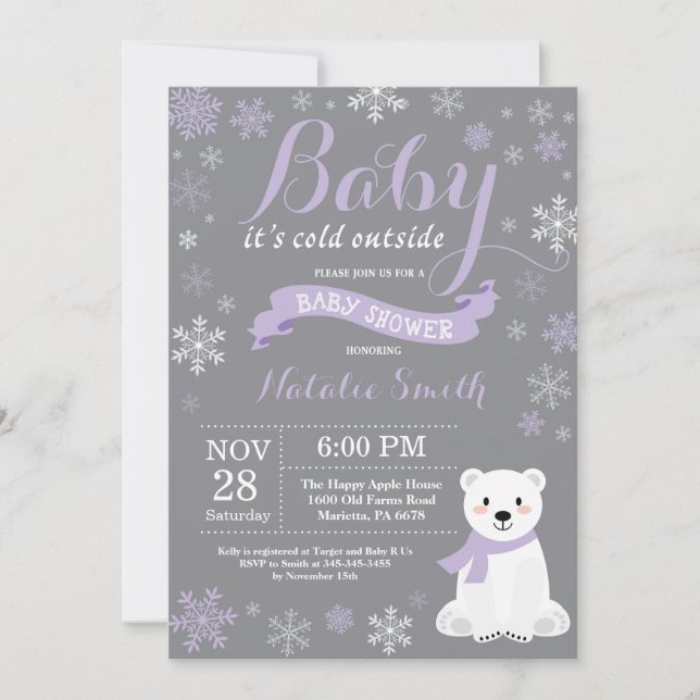 Invitation Bébé son froid dehors hiver fille Baby shower rose (Devant)