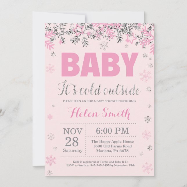 Invitation Bébé son froid dehors rose Baby shower fille en ar (Devant)