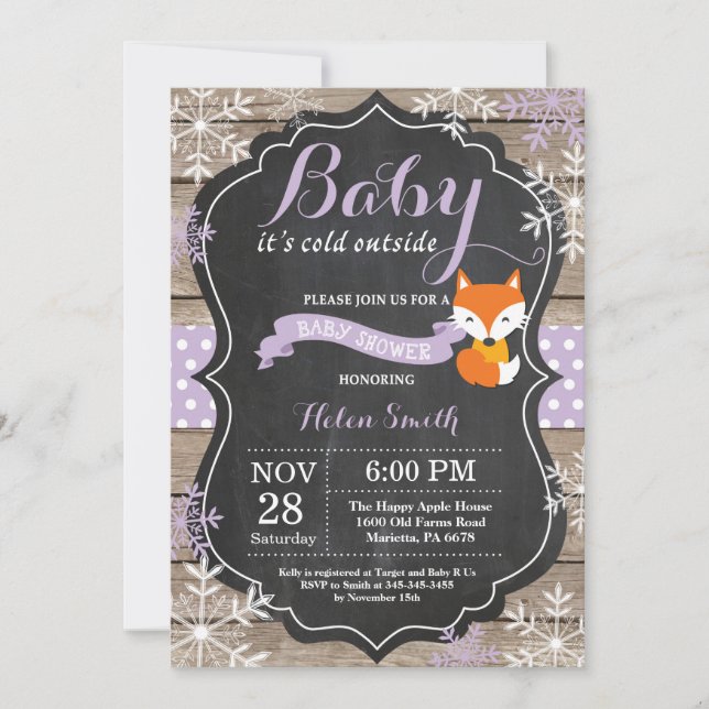 Invitation Bébé son froid dehors violet Fox Baby shower fille (Devant)