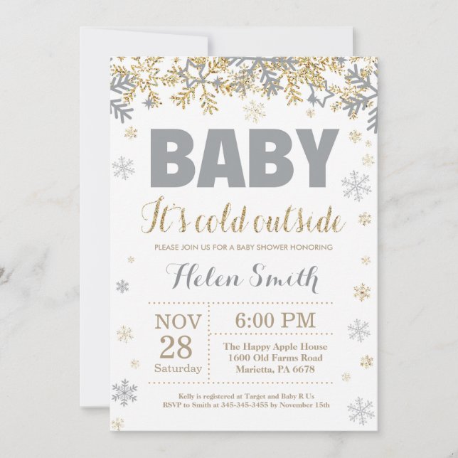 Invitation Bébé son froid extérieur Gold et Baby shower gris (Devant)
