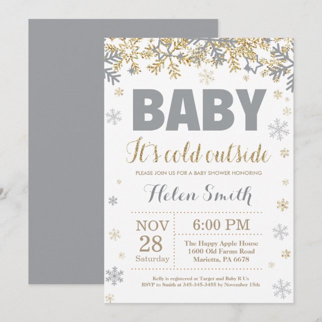 Invitation Bébé son froid extérieur Gold et Baby shower gris (Devant / Derrière)