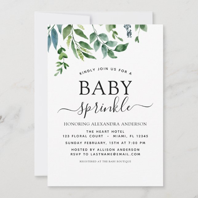 Invitation Bébé Sprinkle Douche verdure Botanique (Devant)
