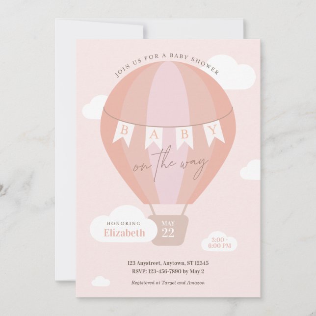 Invitation Bébé sur le chemin Pink Hot Air Balloon Nuages Dou (Devant)