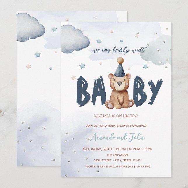 Invitation Bébé Teddy Ours Étoiles Nuages Baby shower (Devant / Derrière)