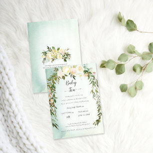 Invitation Bébé Thé Douche Vert Roses Blanches Floral