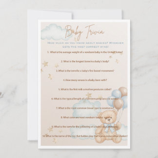 Invitation Bébé Trivia Jeu pour Baby shower garçon, Ours en p