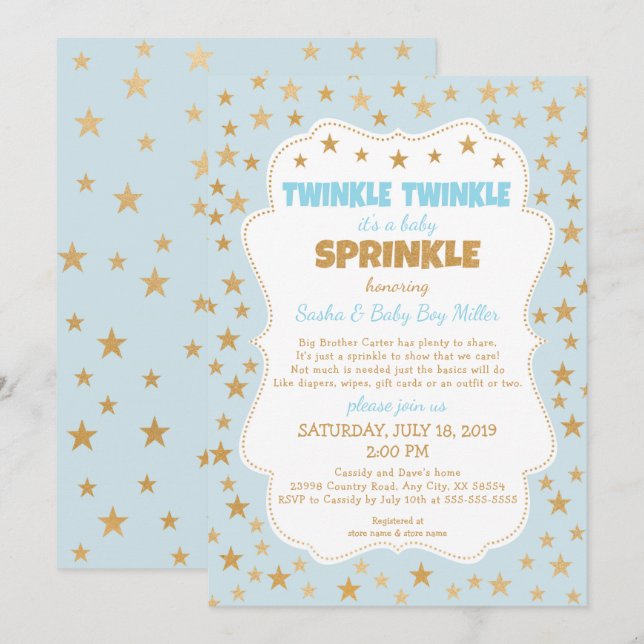 Invitation Bébé Twinkle Saupoudrer d'étoiles d'or bleu invita (Devant / Derrière)