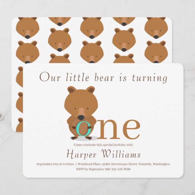 Invitation Bébé Un Ours Premier anniversaire (Devant / Derrière)