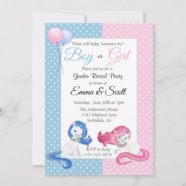 Invitation Bébé Unicorn rose Bleu Genre Reveal Party (Devant)