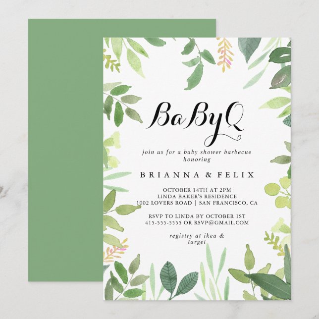 Invitation Bébé vert Botanique Baby shower Barbecue (Devant / Derrière)