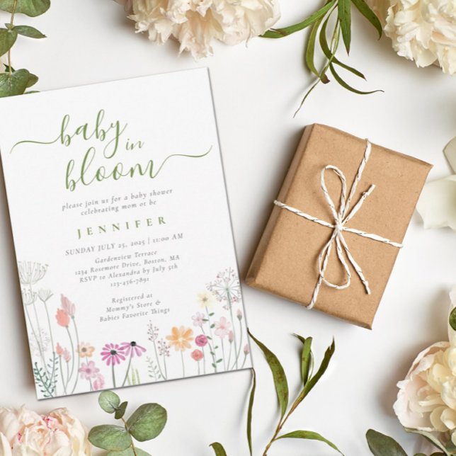 Invitation Bébé Vert En Fleur Aquarelle Fleur sauvage Douche (Créateur téléchargé)