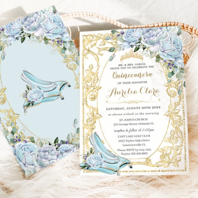 Invitation Bébé vintage Bleu Roses Cendrillon Quinceañera (cinderella fairytale princess baby blue vintage roses quinceanera sweet 16 birthday invitation cards)