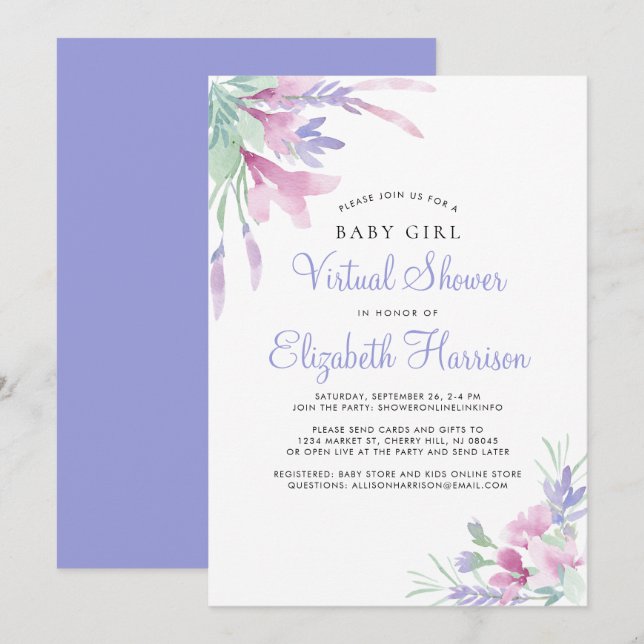 Invitation Bébé virtuel Douche Floral Purple Aquarelle (Devant / Derrière)