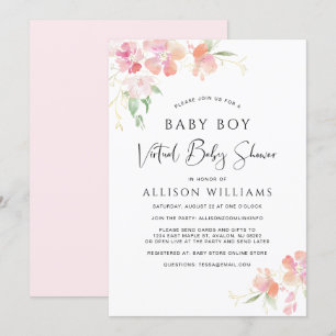Invitation Bébé virtuel Douche garçon rose Floral Aquarelle
