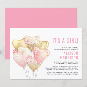 Invitation Bébé virtuel fille douche rose or Parties scintill
