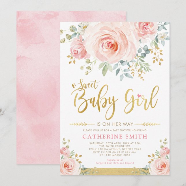 Invitation Bébée douce Fille rousse Pink Gold Floral Baby sho (Devant / Derrière)