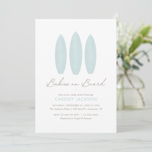 Invitation Bébés à bord Surfboard Twin Baby shower (Debout devant)