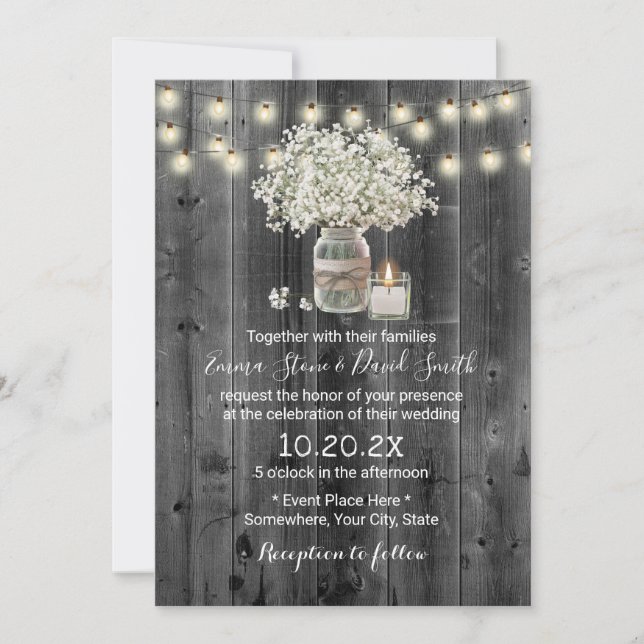 Invitation Bébé's Breath Jar & bougie Rustic Barn Mariage (Devant)