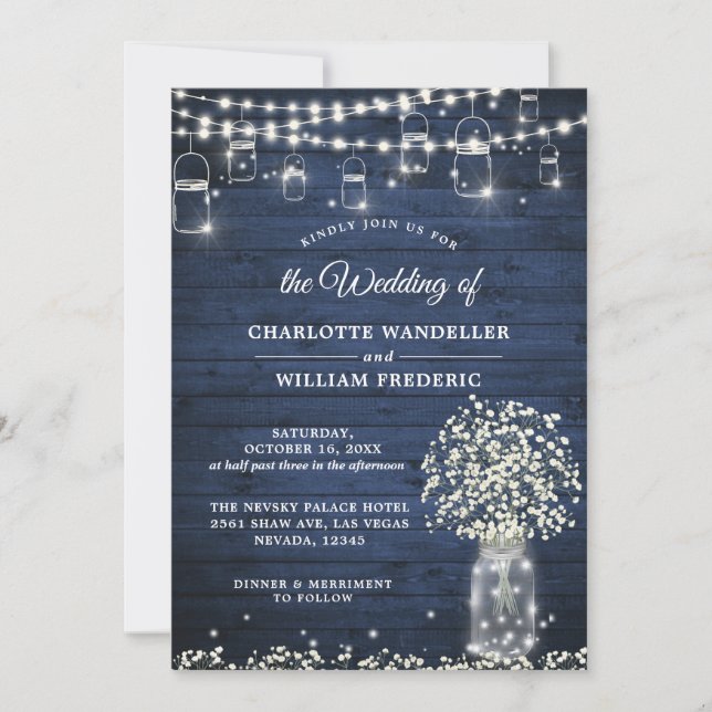 Invitation Bébé's Breath Mason Jar Rustic Blue Wood Mariage (Devant)