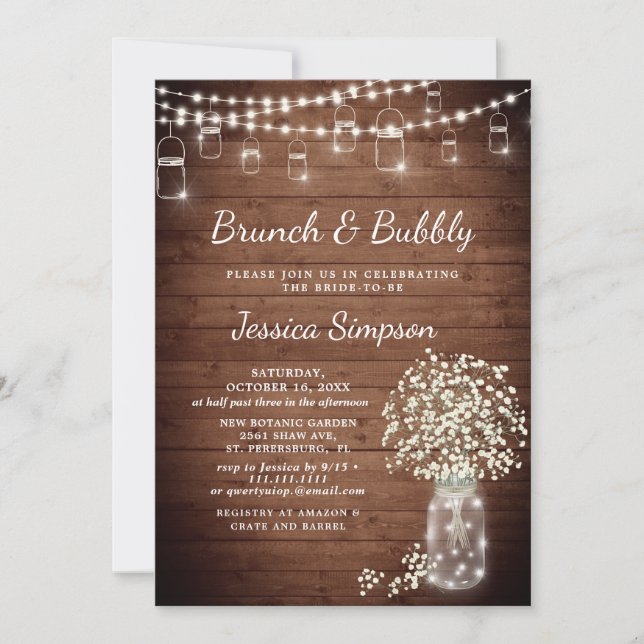 Invitation Bébé's Breath Mason Jar Rustic Brunch & Bubbly (Devant)