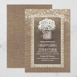 Invitation Bébé's Breath Mason Jar Rustic Burlap Lace Mariage