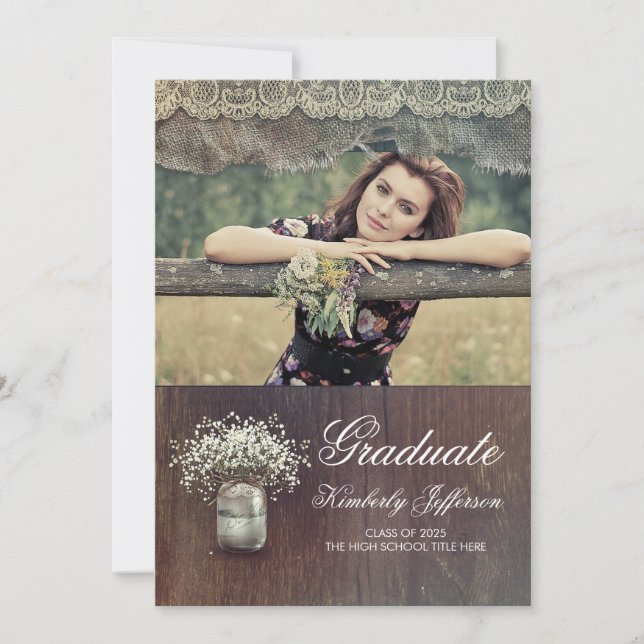 Invitation Bébé's Breath Mason Jar Rustic Photo Graduation (Devant)