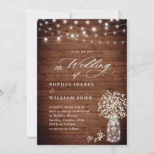 Invitation Bébé's Breath Mason Jar Rustic Wood Mariage