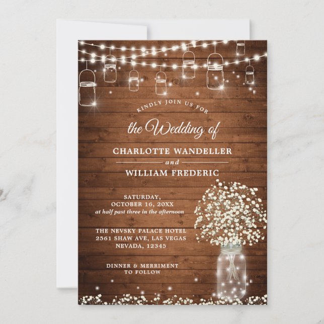Invitation Bébé's Breath Mason Jar Rustic Wood Mariage (Devant)