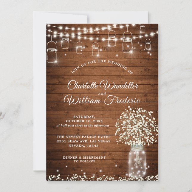 Invitation Bébé's Breath Mason Jar Rustic Wood Mariage (Devant)
