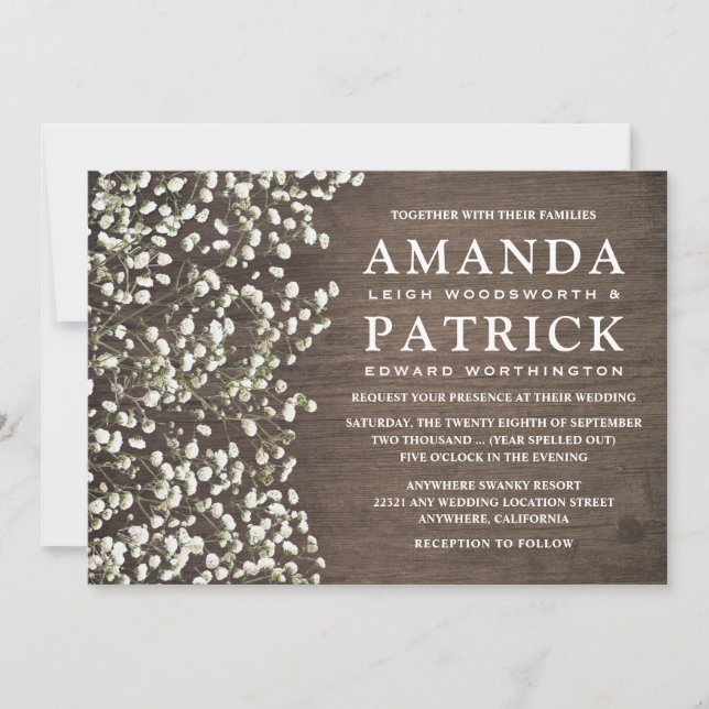 Invitation Bébé's Breath Rustic Grange Wood Wedding Invitatio (Devant)