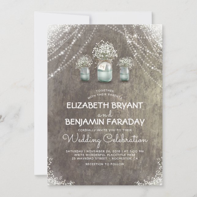 Invitation Bébé's Breath Rustic String Lights Barn Mariage (Devant)