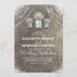 Invitation Bébé's Breath Rustic String Lights Barn Mariage