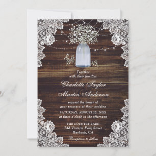Invitation Bébé's Breath Rustic Wood Lace Mariage