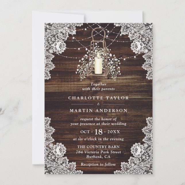 Invitation Bébé's Breath Rustic Wood Lights Lantern Mariage (Devant)