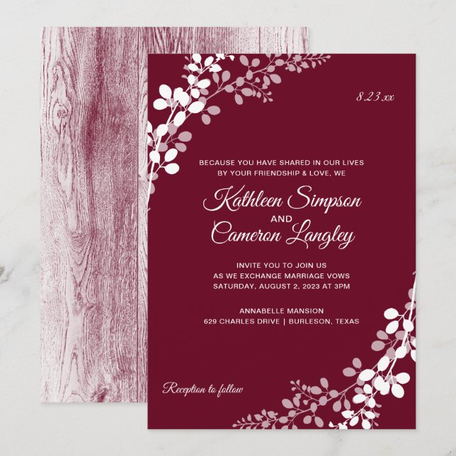 Invitation Bébé's Breath Rustic Wood Mariage | Marsala (Devant / Derrière)