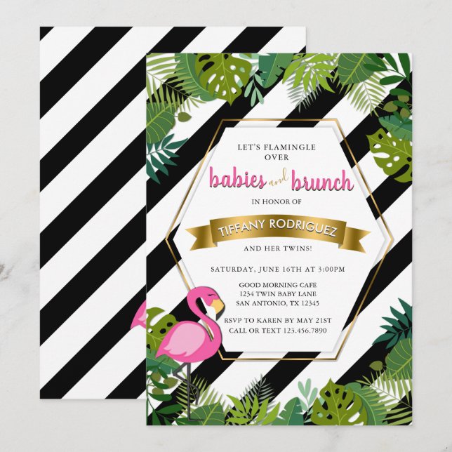 Invitation Bébés et baby shower de Flamant rose de jumeaux de (Devant / Derrière)