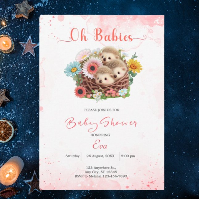 Invitation Bébés Triplet mignonnes Baby shower Floral rose Mo (Créateur téléchargé)