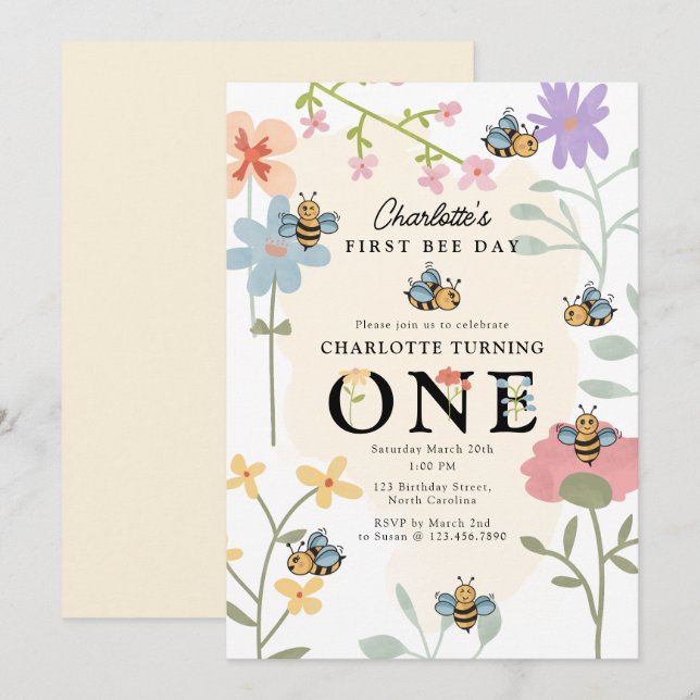 Invitation Bee First 1Birthday Cute Bee Day Party (Devant / Derrière)