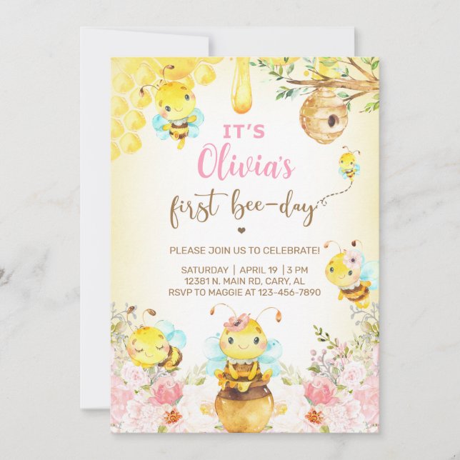 Invitation Bee girl 1er anniversaire invitation, bourdon, abe (Devant)